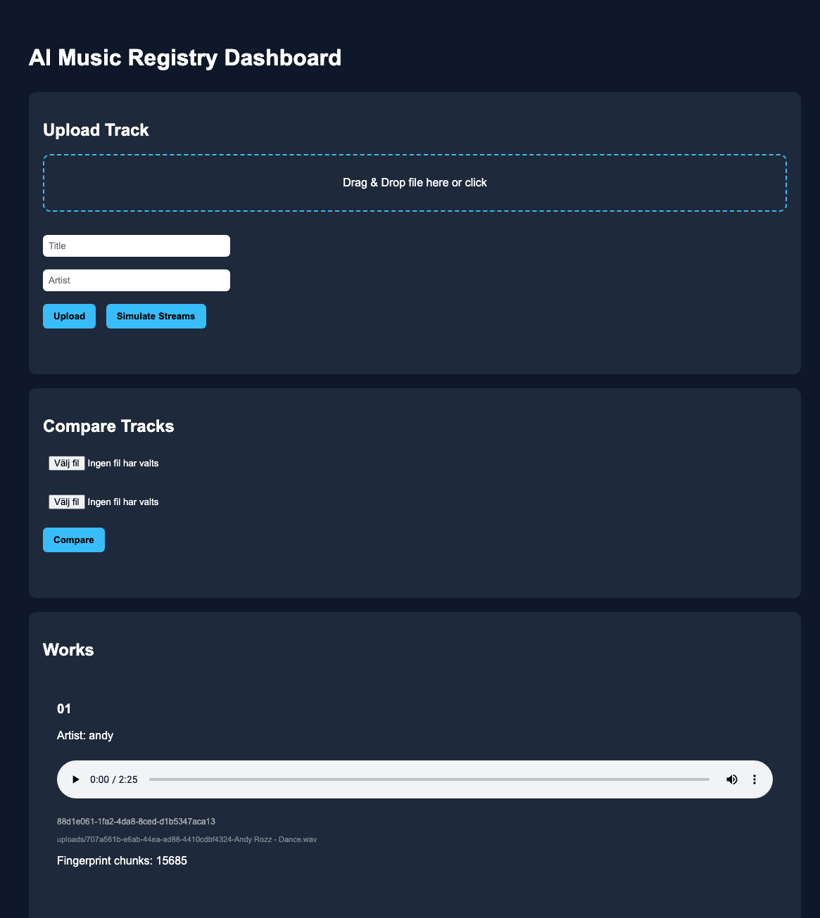 Förhandsvisning av AI Music Registry — kontrollpanel